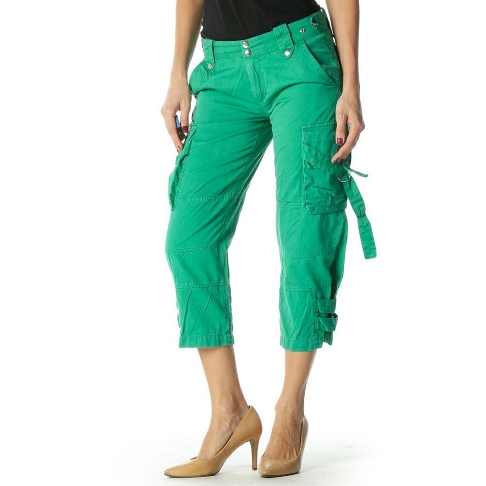 Skeletal Green Snap Buttons Pocketed Cropped Pants - Picture 2 of 3